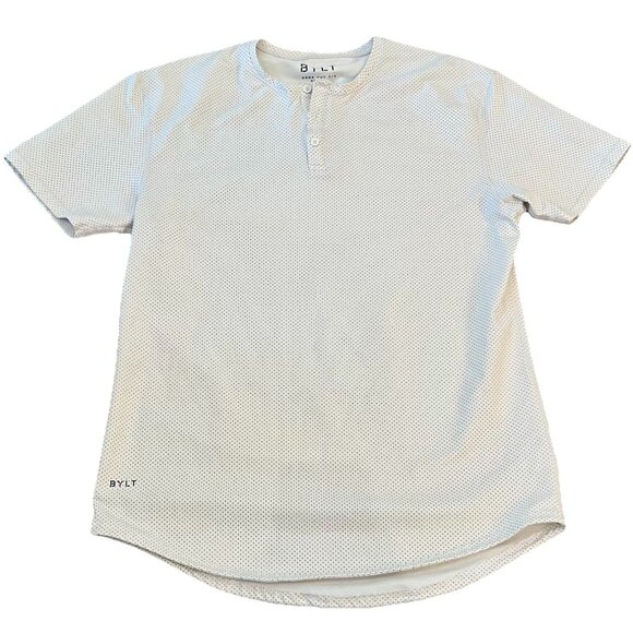BYLT Men’s Drop Cut Short Sleeve Henley Lux T-Shirt Size Large White Black Dots - Picture 1 of 7